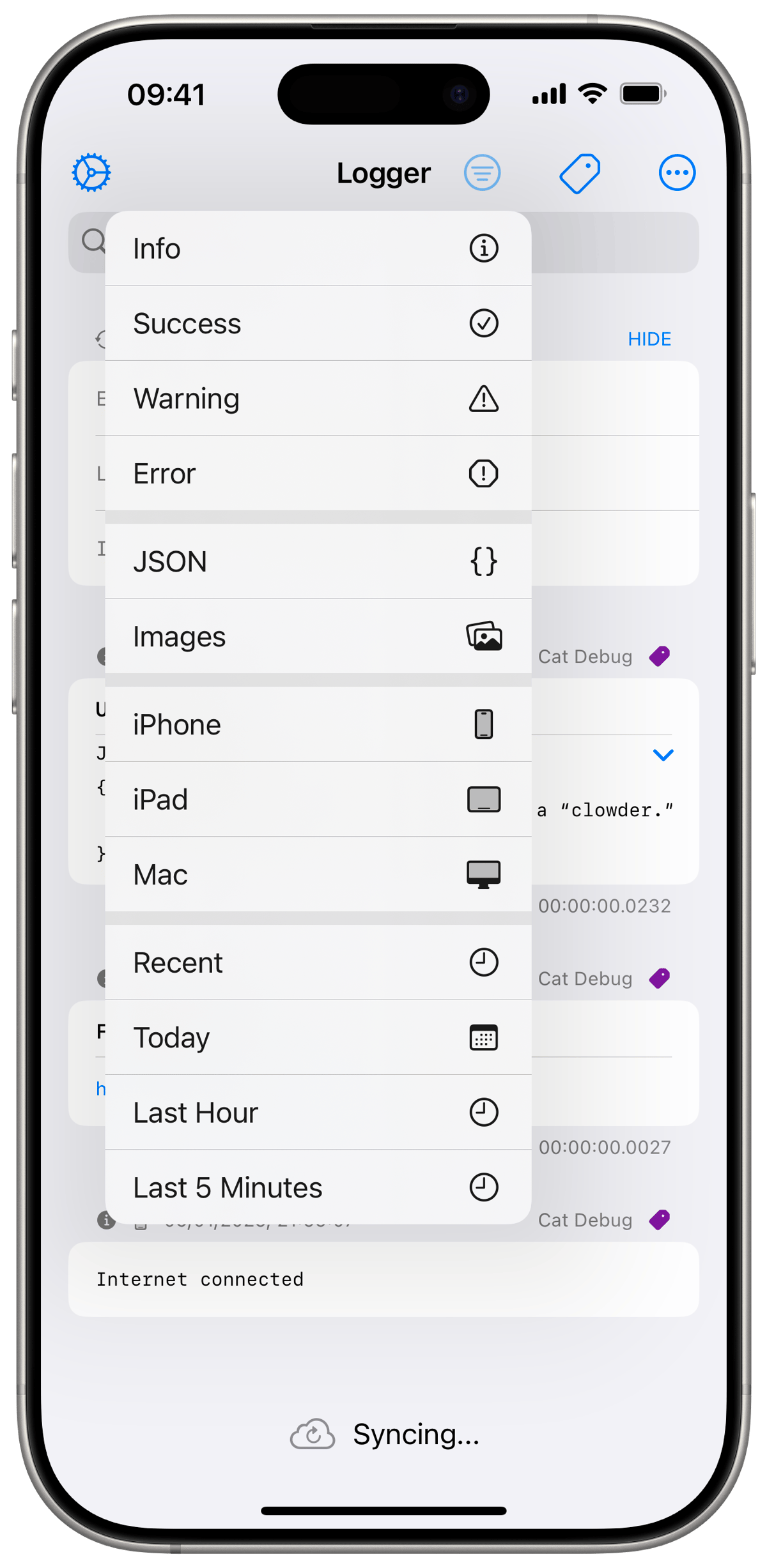 A sample of the filters in Logger